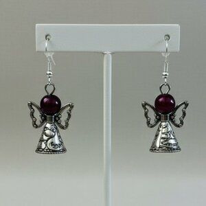 Angel Pierced Earrings Silver Burgundy